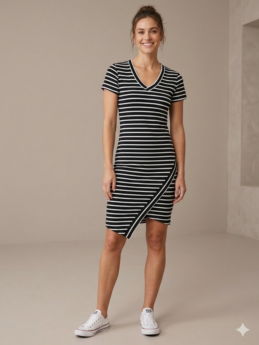 Becky B Cyntia Striped 95 % Cotton Dress in Black & White